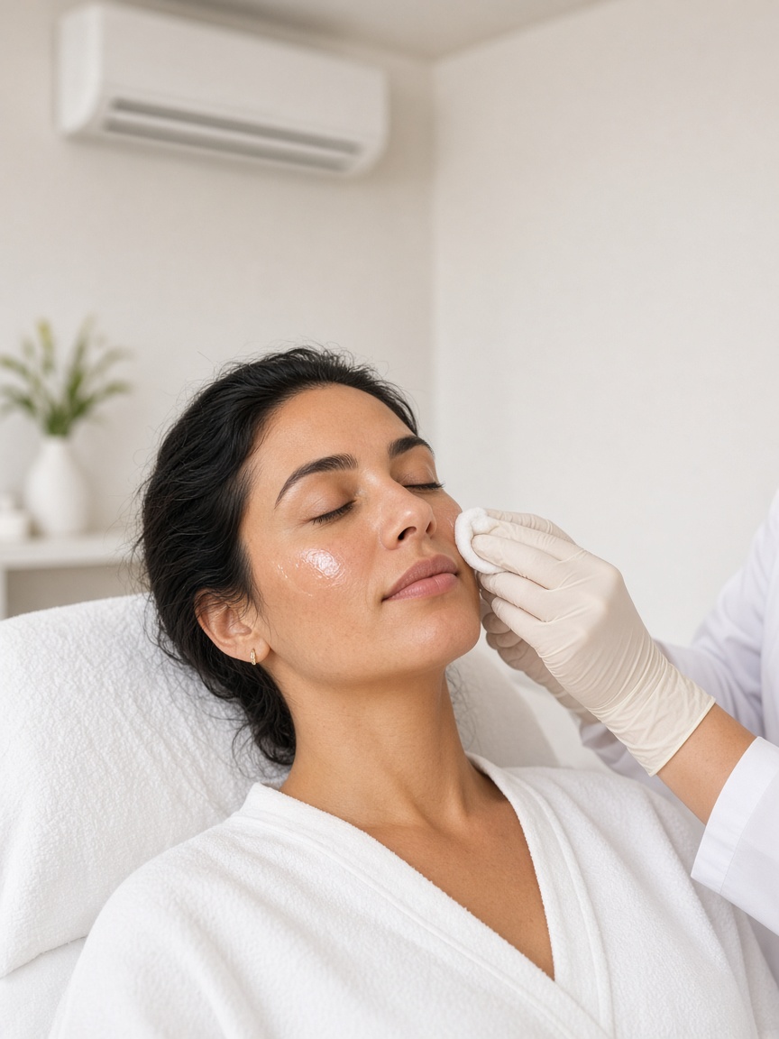 Aplicação de peeling facial com algodão, em consultório